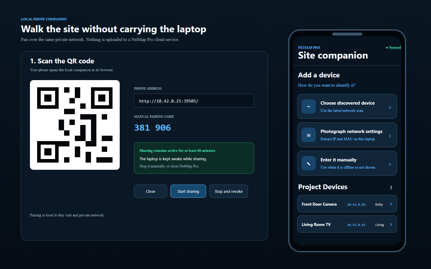 NetMap Pro phone companion shown beside its Windows QR connection screen